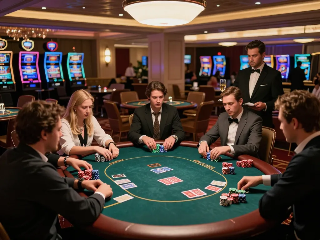 VIPwin poker table with players at a high-end casino showcasing elegant gameplay atmosphere