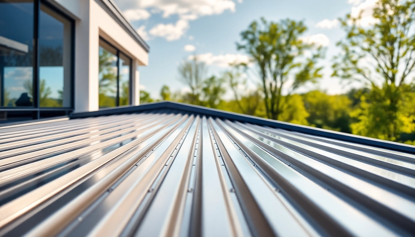 Installing a standing seam metal roof on a house with modern design and lush surroundings.