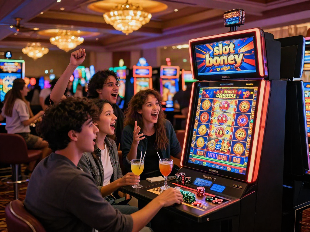 Friends celebrating a slot bonus win with excitement in a lively casino atmosphere.