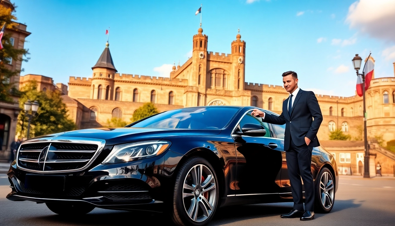 Chauffeur Nottingham ready to assist at an iconic Nottingham landmark with luxury car.