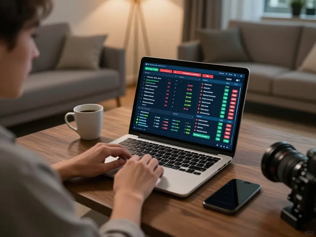 Engaged user analyzing statistics on bong da lu sports betting app in modern home setting