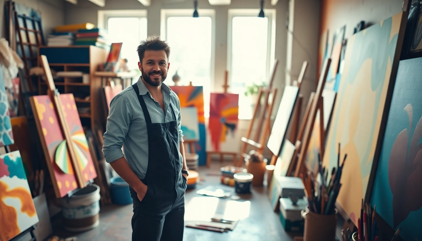 Laoutaris artist workspace showcasing vibrant colors and creative energy.