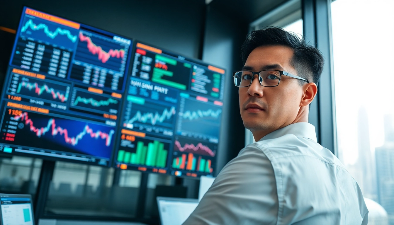 Analyze urgent business news trends with a focused reporter in a modern office.