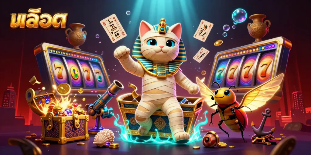 Engage with thrilling สล็อต gaming scenes featuring a mummy cat and golden treasures in a pyramid casino.
