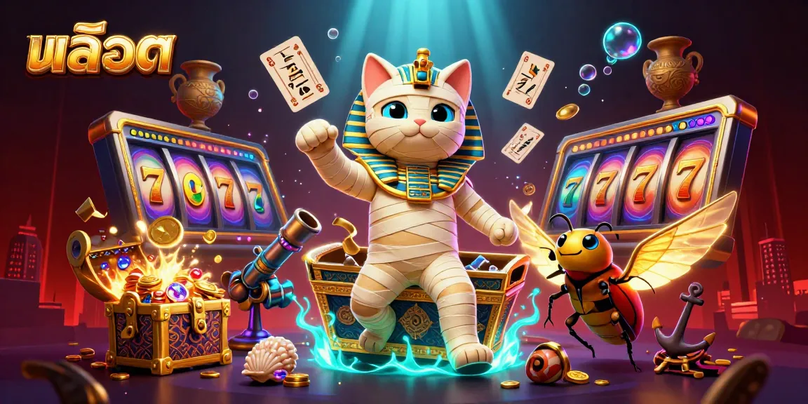 Engage with thrilling สล็อต gaming scenes featuring a mummy cat and golden treasures in a pyramid casino.