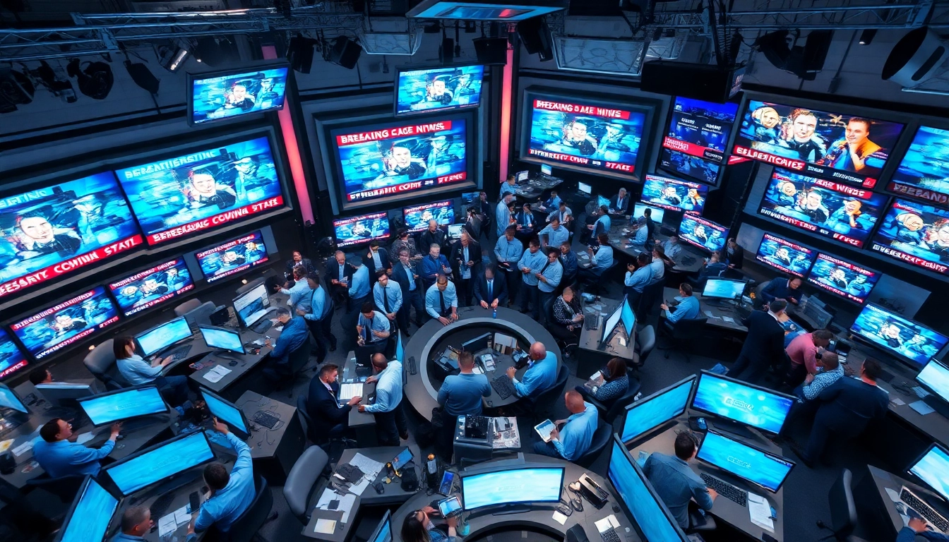 Reporters working diligently on breaking News in a modern newsroom.