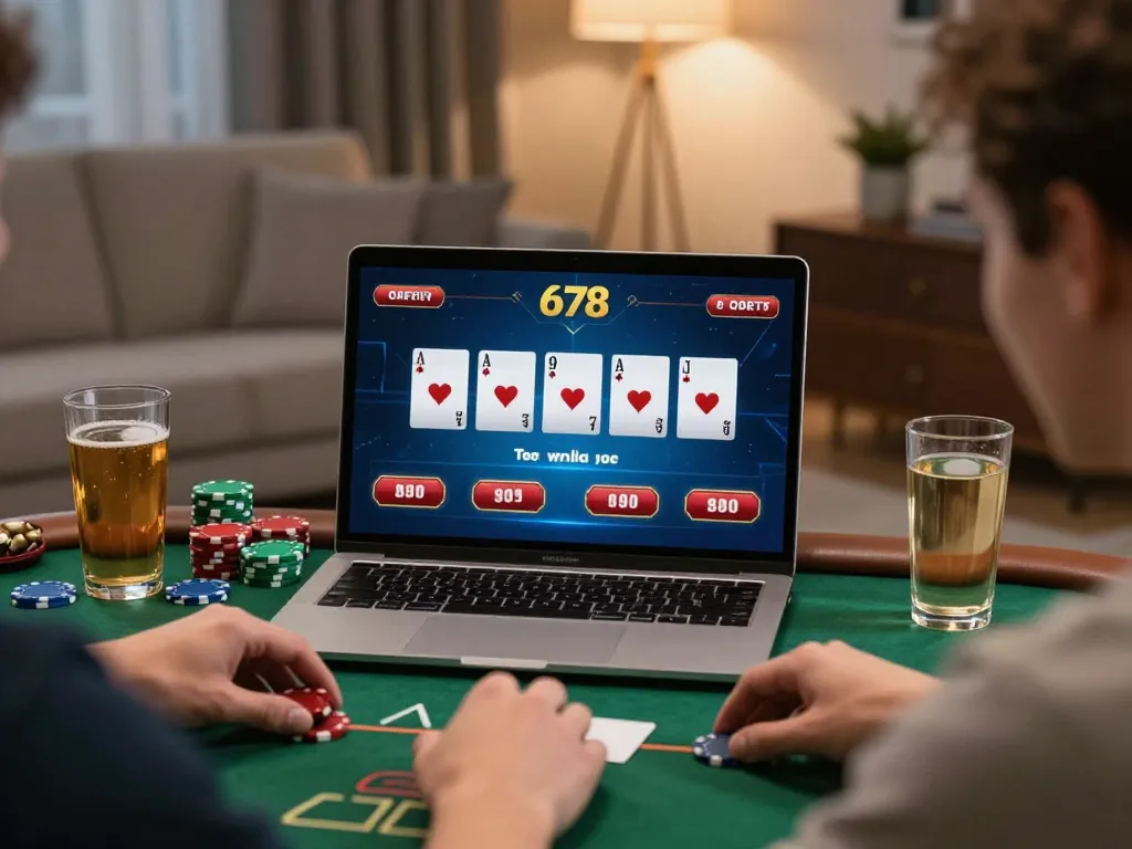 Player enjoying a winning poker hand on 678vip in a cozy home setting with snacks.