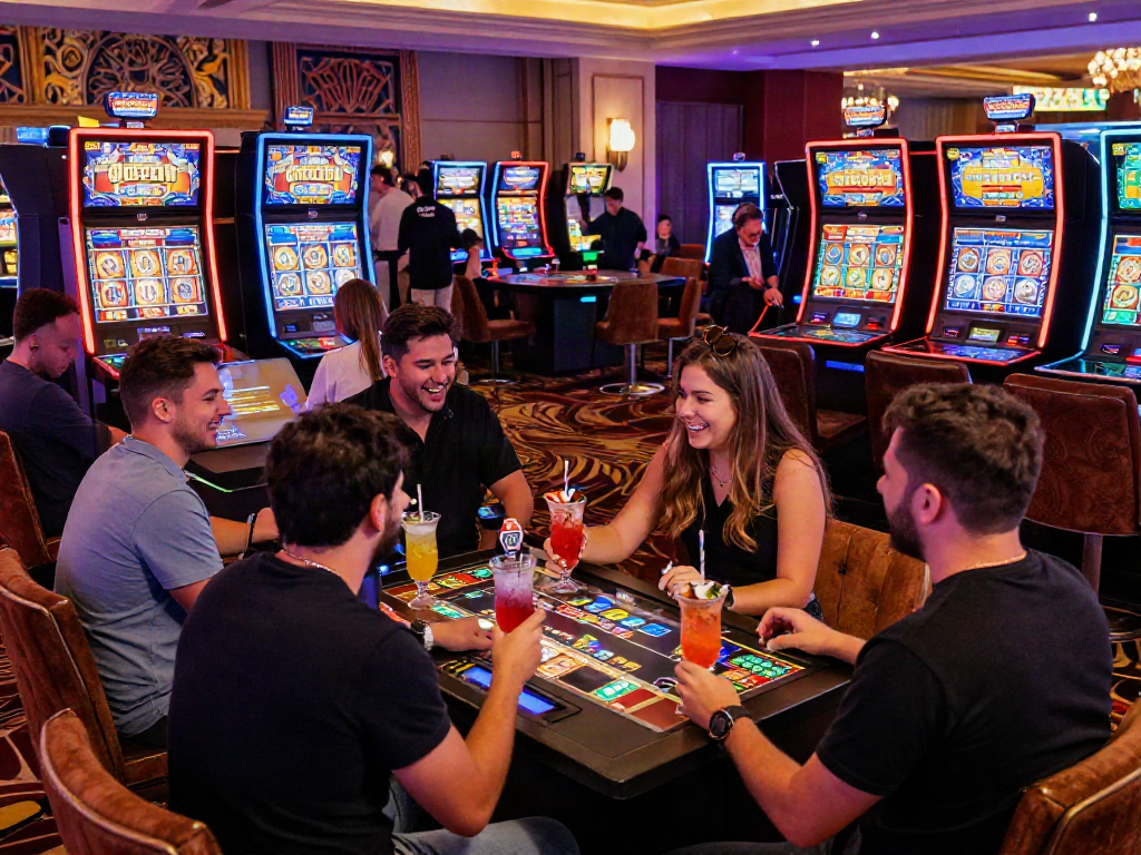 Players engaging with vibrant slot machines showcasing slot bonus notifications in a lively casino atmosphere.