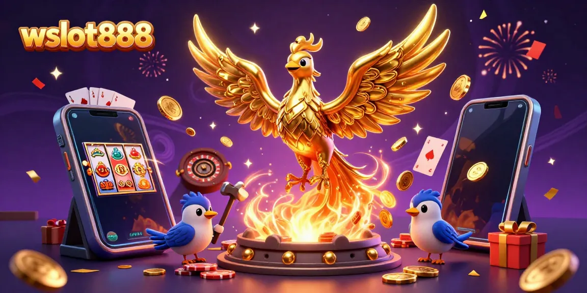 Memenangkan jackpot dengan wslot888, menggambarkan phoenix emas meleleh dan permainan slot yang berlimpah.