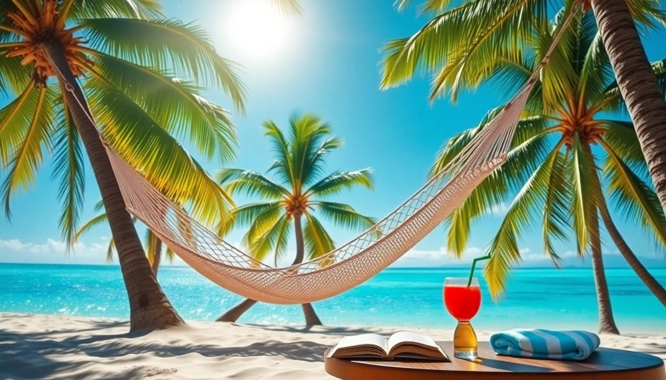 Relax in paradise at https://travelvixta.com with a hammock between palm trees by the beach.