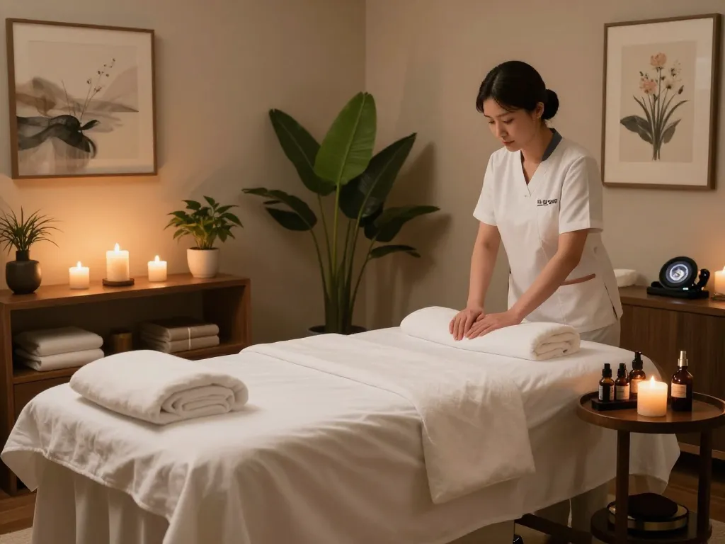 Luxurious massage room showcasing serene ambiance for 논현동마사지 with aromatic candles and calming decor.