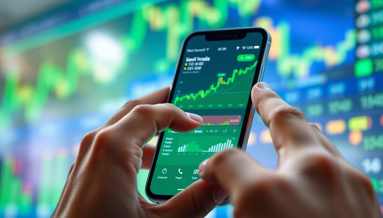 تطبيق آمن لتداول الأسهم في المملكة العربية السعودية يبرز واجهة المستخدم مع رسوم بيانية للأسواق المالية.