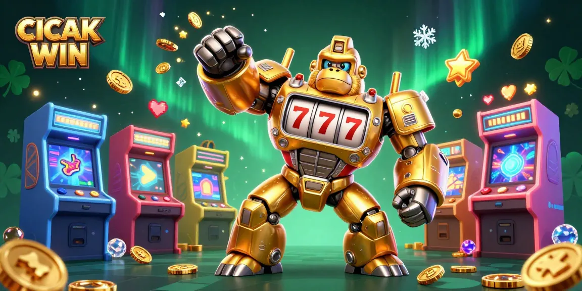 CICAK WIN showcases a dynamic casino scene featuring a golden gorilla mech amid vibrant game elements.