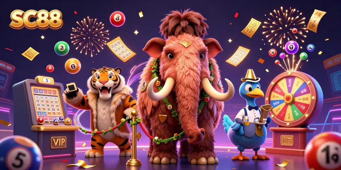 Engaging SC88 scene with a woolly mammoth bouncer and colorful lottery elements.