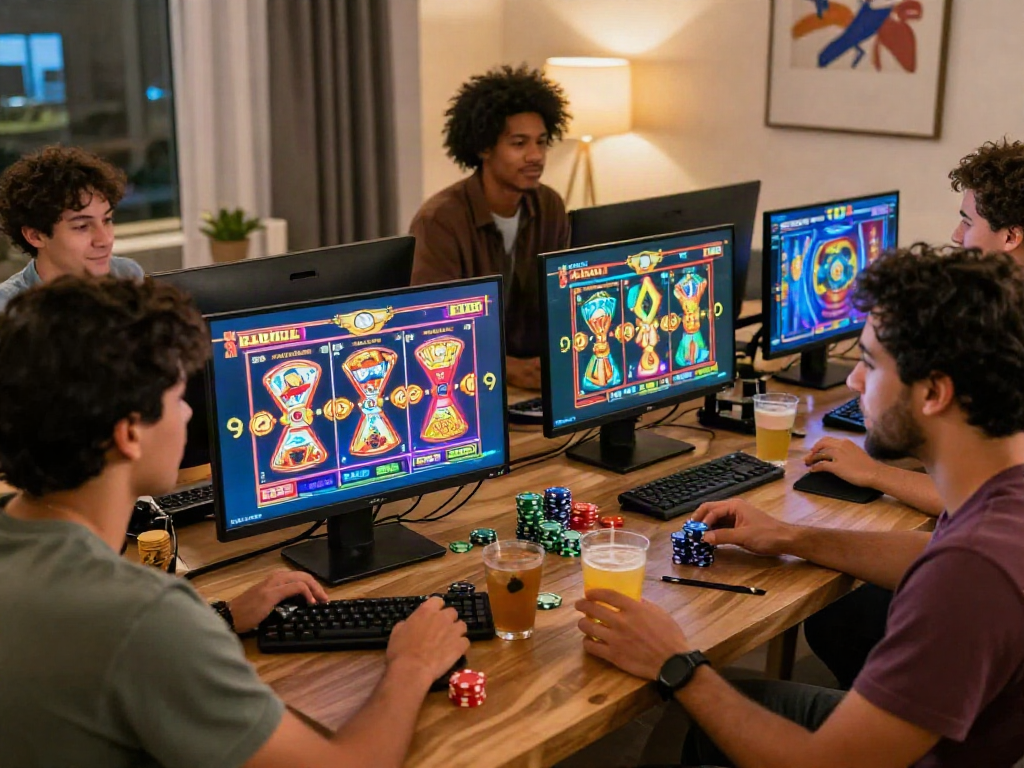 Engaged group playing slot kamboja games in a lively gaming environment with vibrant visuals.