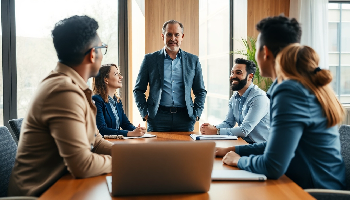 Sales coach guiding a diverse team in a bright office environment, fostering collaboration.
