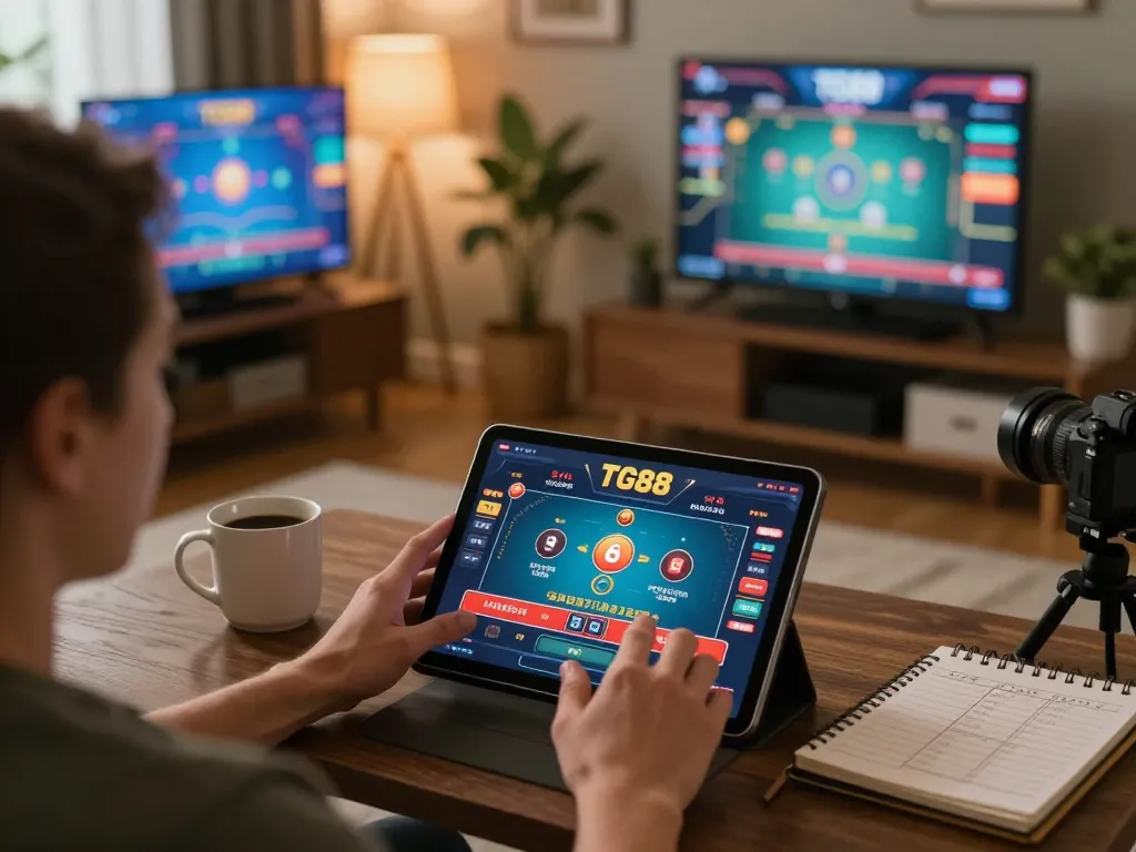 Engaged player using the TG88 app on a tablet, showcasing online poker gameplay.