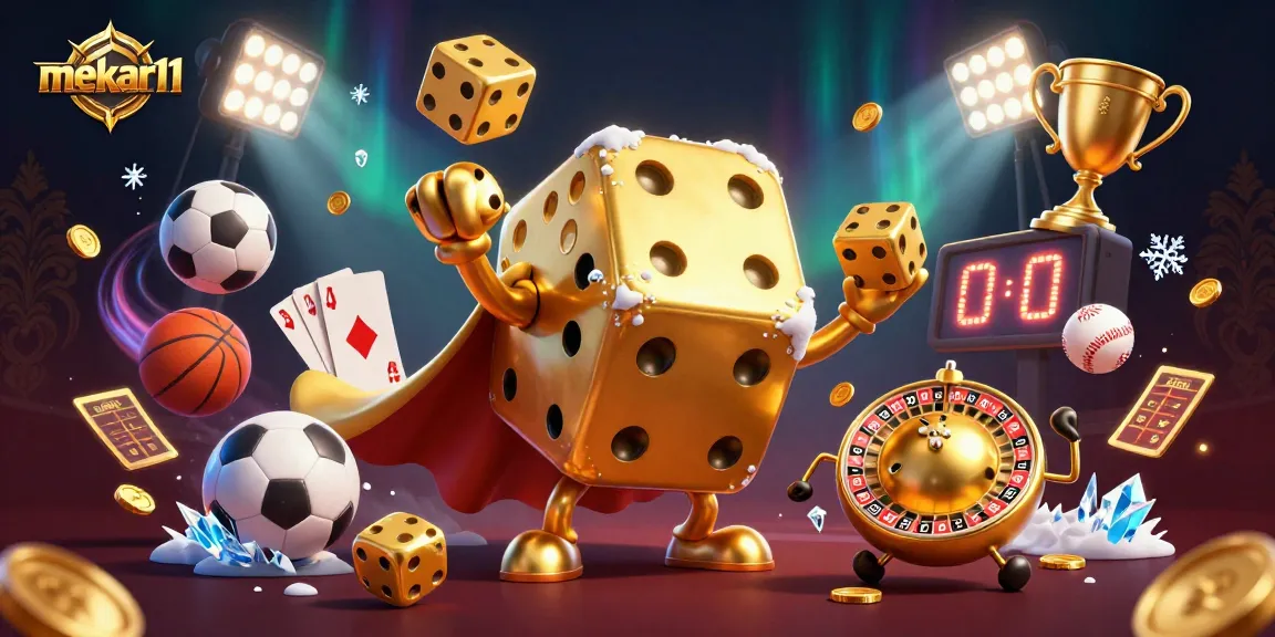 Mekar11 showcases an exciting 3D casino scene with golden dice and vibrant sports elements in action.