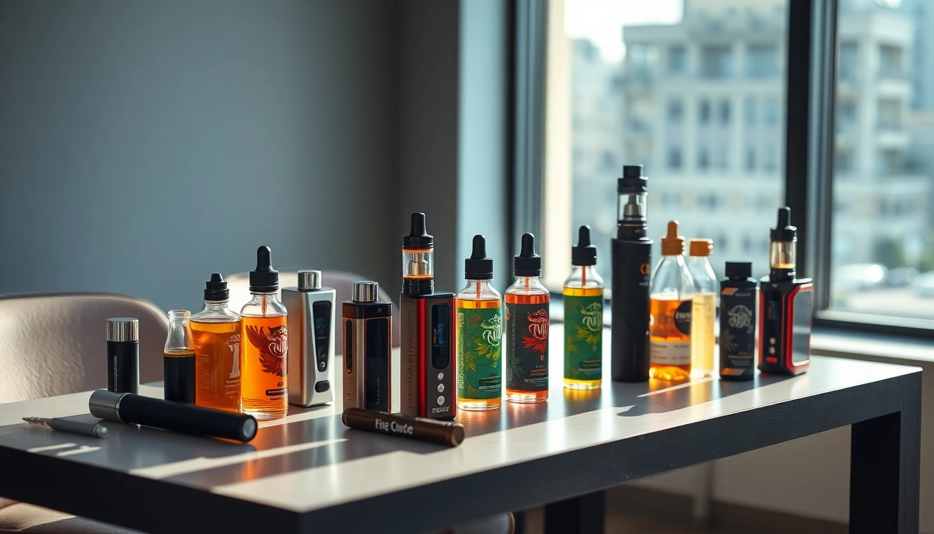 Vape devices and e-liquids beautifully arranged on a modern table, inviting exploration.