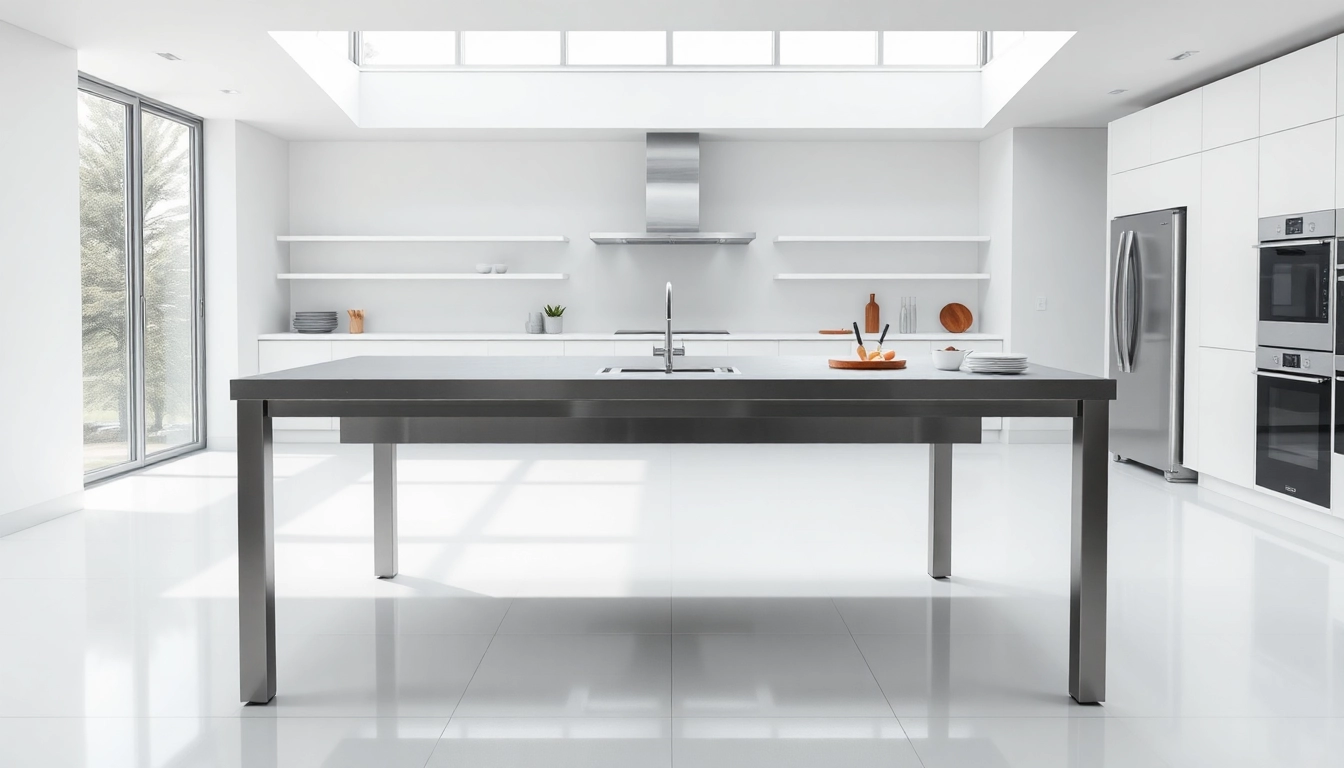 Stainless steel table featuring a sleek design and modern kitchen tools for cooking.