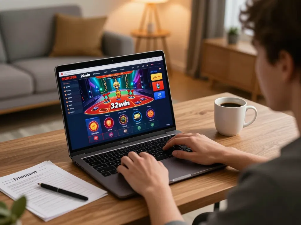 Experience online gambling with 32win in a cozy home setting featuring strategic gameplay.