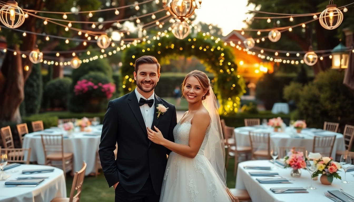 Hochzeitslocation mit eleganten Tischen und blühendem Garten im Hintergrund.