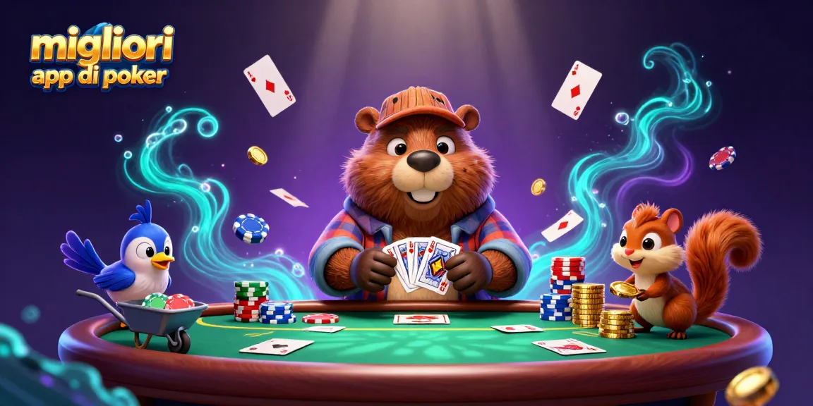 Giocando con le migliori app di poker, un castoro distribuisce carte mentre uno scoiattolo raccoglie monete d'oro.