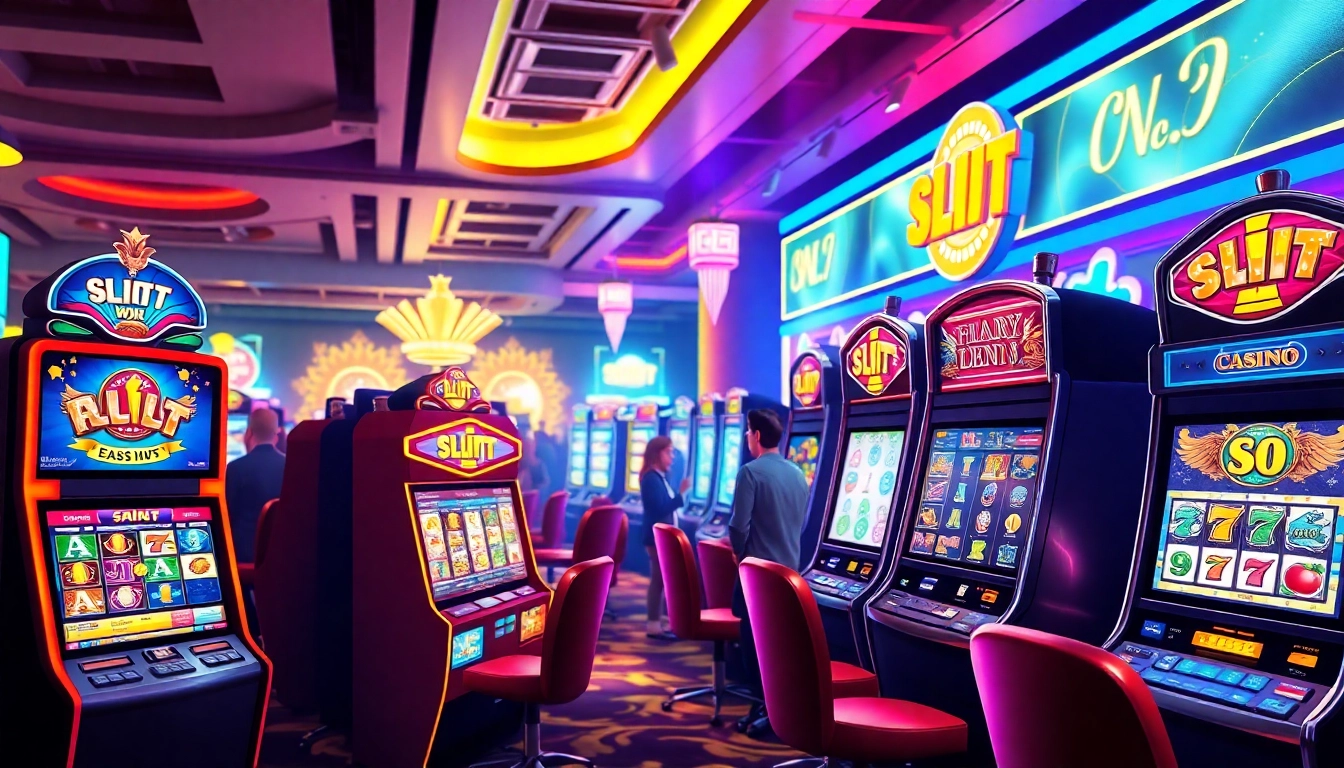 Menggambarkan pengalaman bermain Indosga slot online dengan mesin slot yang berwarna-warni dan suasana kasino yang hidup.