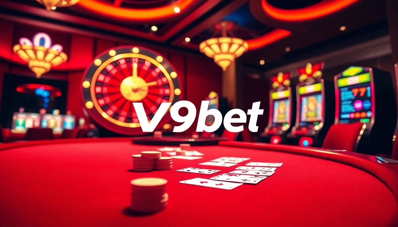 V9bet online casino scene featuring card games, roulette, and vibrant slots.