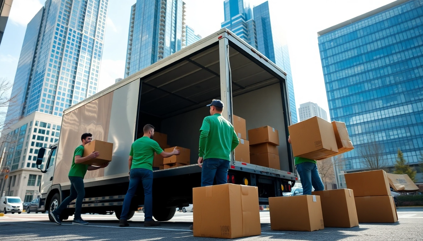 Experienced canadian movers loading a truck in a bustling city environment.
