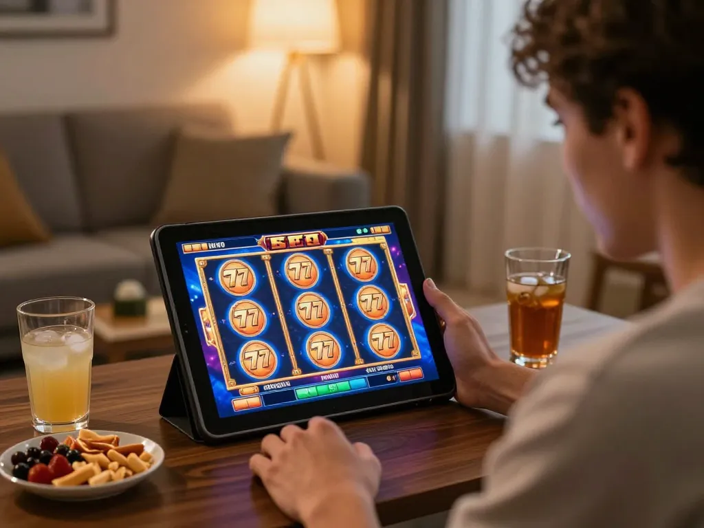 Engaged player enjoying slot77 game on tablet in cozy home setting, illustrating online gaming experience.