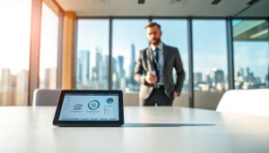 Bewerten Sie Ihre Immobilie mit https://frankfurt-immobilie-bewerten.de in einem modernen Büro mit Skyline von Frankfurt.