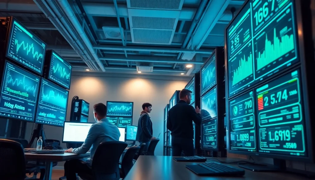 Engaging scene showcasing cloud mining in cryptocurrency with users analyzing data on modern technology.