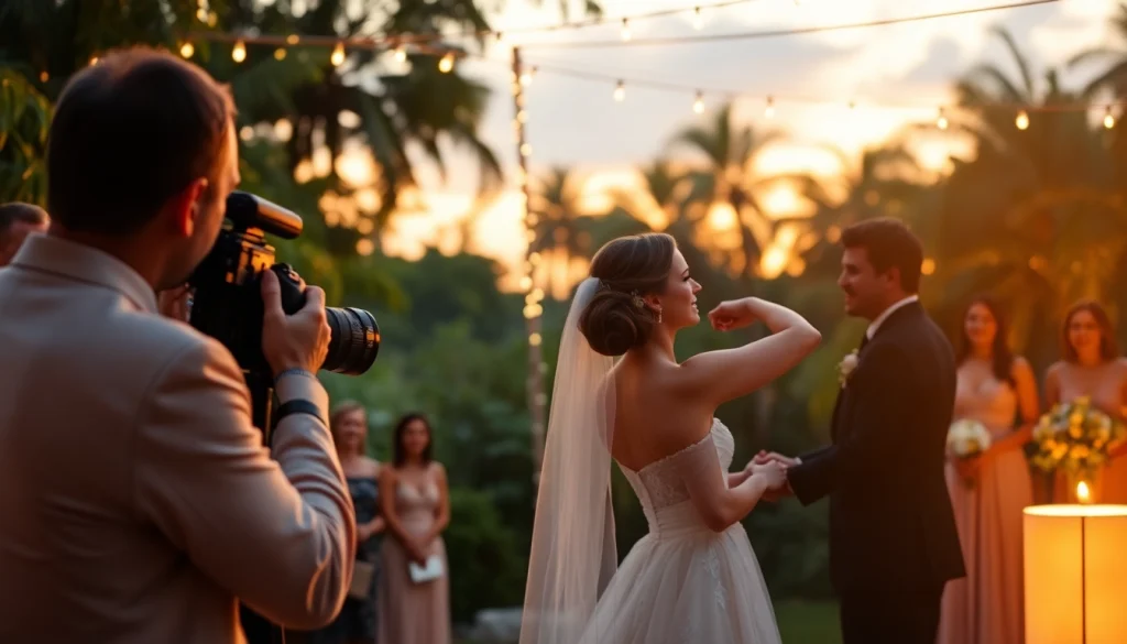 wedding videographers in tampa capturing an emotional outdoor ceremony at sunset.