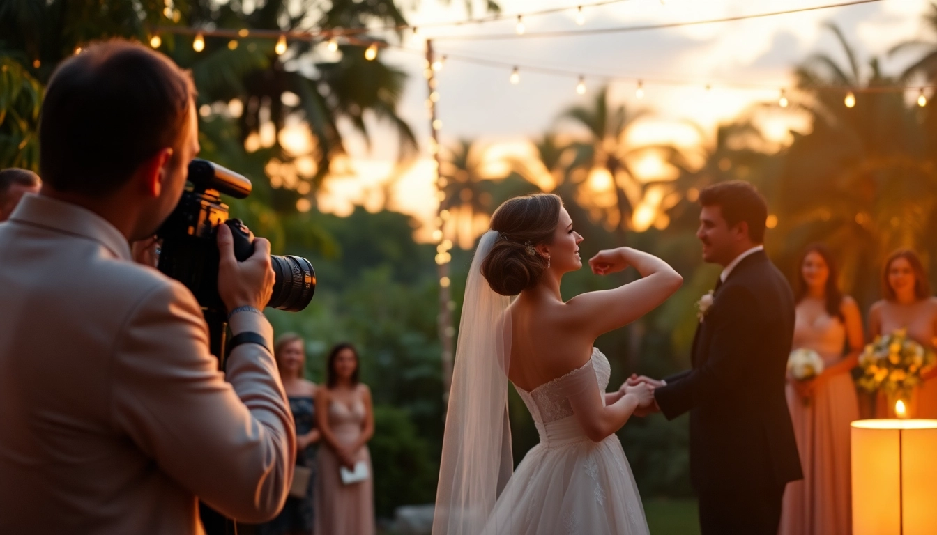 wedding videographers in tampa capturing an emotional outdoor ceremony at sunset.
