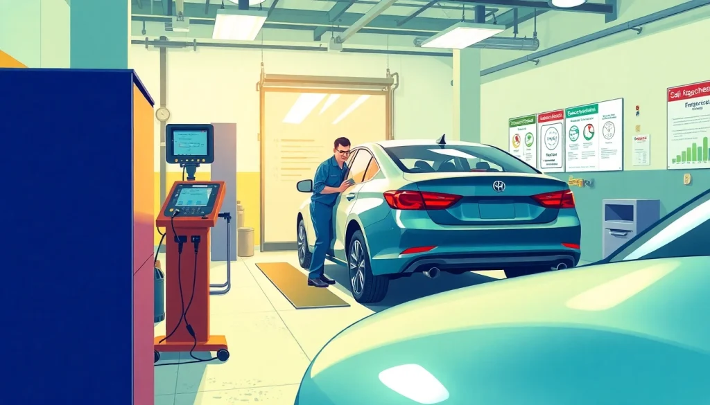 Performing a California Smog Check with a mechanic inspecting vehicle emissions in a bright facility.