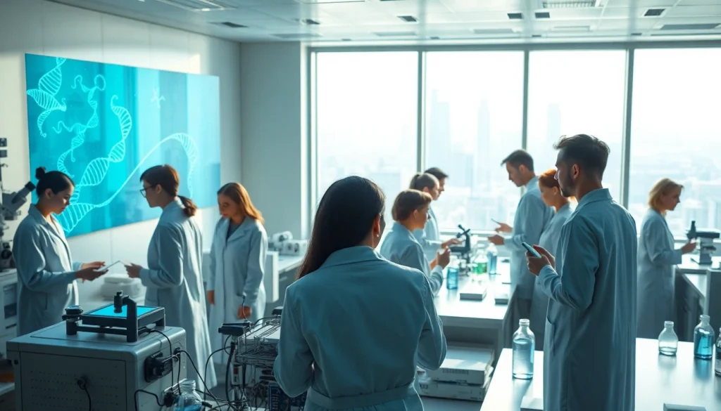 Engaging scientists collaborating on the www.trilgameshproject.com in a futuristic lab setting.