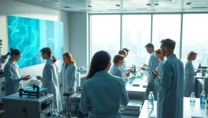 Engaging scientists collaborating on the www.trilgameshproject.com in a futuristic lab setting.