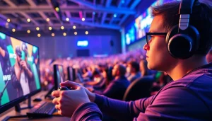 Engaged player competing in the MV88 game tournament in a vibrant gaming arena.
