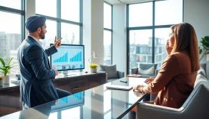 Real Estate agent explaining market data to clients in a bright, professional office setting.