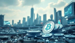 Rocktoken.com showcases blockchain technology with digital coins against a futuristic city skyline.