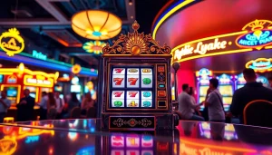 Slots yang menarik dengan warna cerah di kasino yang ramai dan penuh energi.
