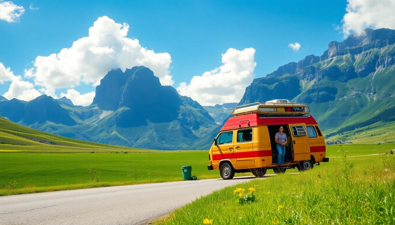 Erlebe Abenteuerreisen mit https://fernweh-abenteuer.de in einer farbenfrohen Camper-Van-Landschaft.