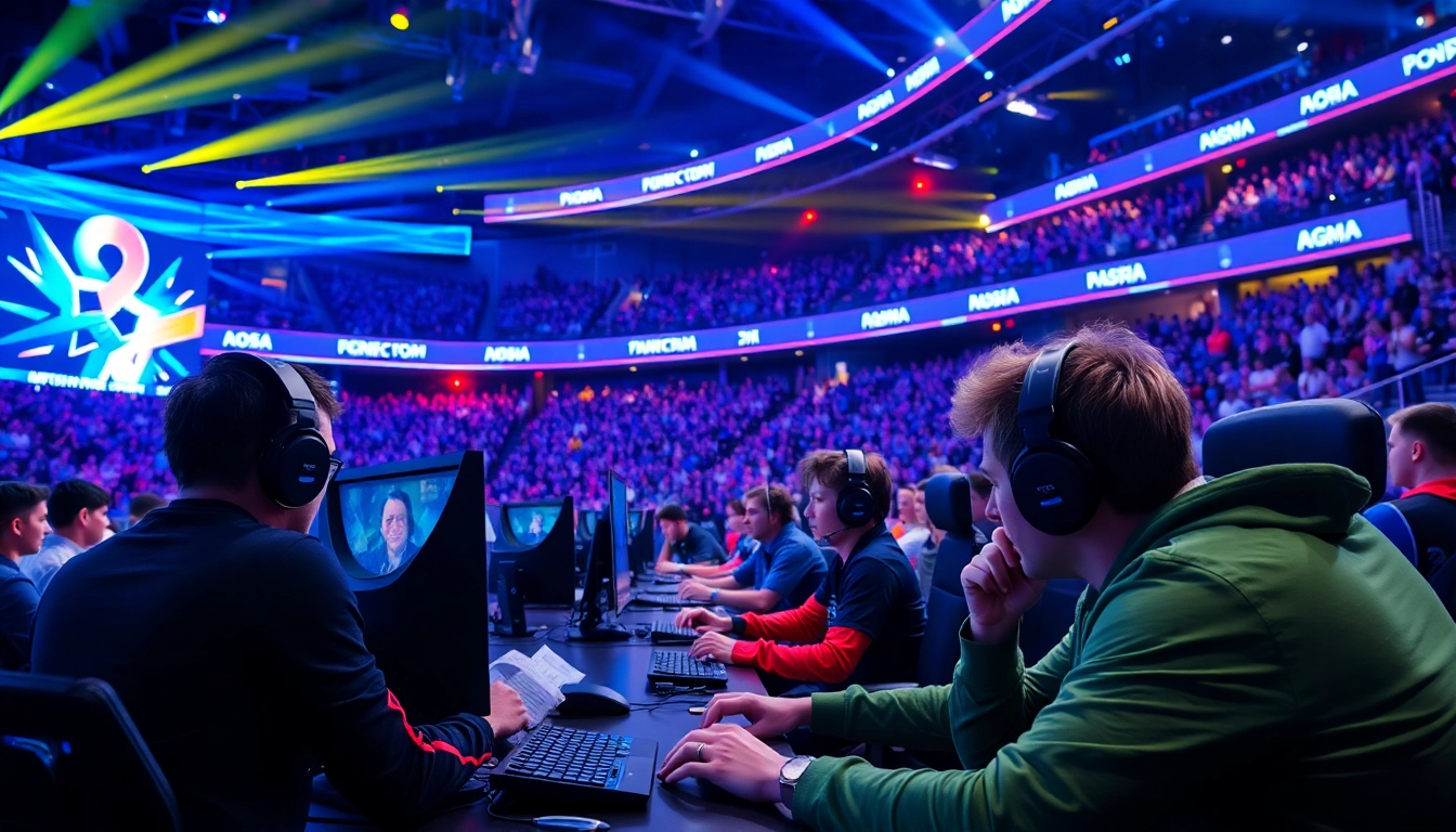 Memperlihatkan suasana permainan di https://rusia777.com dengan arena e-sports yang penuh semangat.