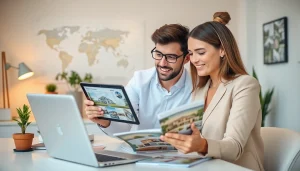 Engaging real estate agent presenting listings in a modern office environment.