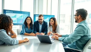 Collaborative team analyzing Competitor Research data in a bright meeting room.