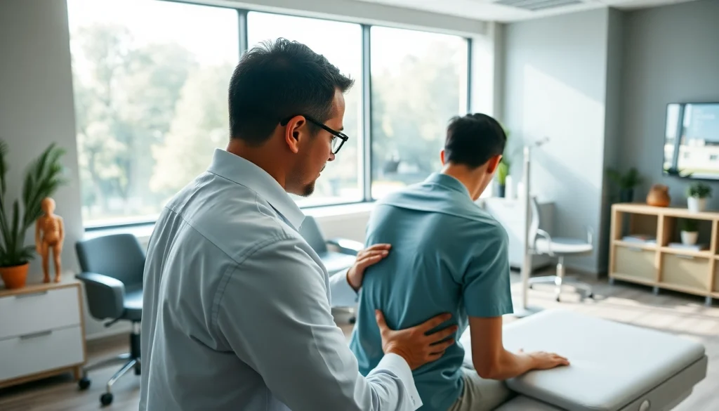Reviewing patient progress at https://www.drzavosh.com with a chiropractor in a soothing clinic environment.