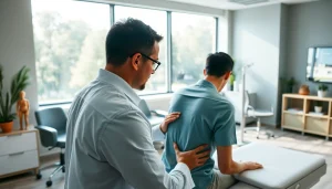 Reviewing patient progress at https://www.drzavosh.com with a chiropractor in a soothing clinic environment.