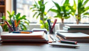 Showcase of colorful stationery items elegantly arranged on a desk, emphasizing creativity.