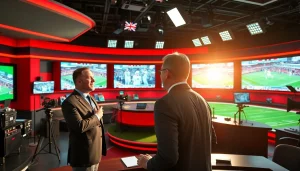 스포츠중계 생방송을 진행하는 열정적인 진행자와 다양한 화면이 있는 스튜디오